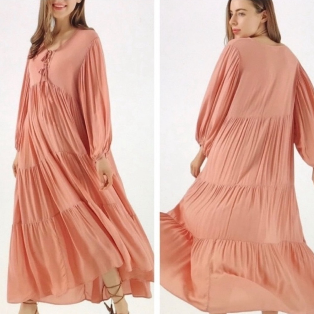 NWT YOUNG FABULOUS & BROKE Dawn Tiered Maxi Dress Peach‎ Balloon Sleeve Size S